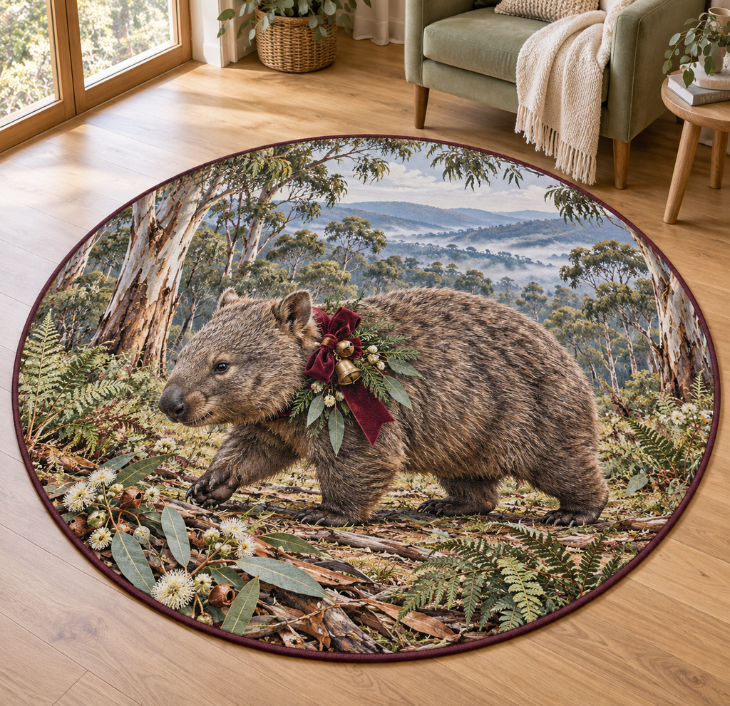 Christmas grey-tan common-wombat reclining in deep Namib dune scenery printed on a flat round rug