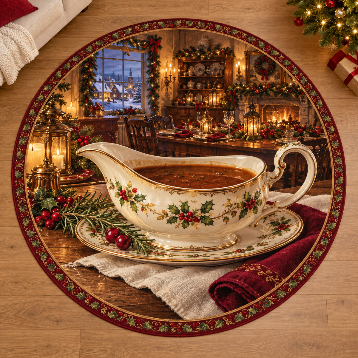 Antique Porcelain Gravy Boat with deep Christmas baking kitchen scenery printed on a complete flat rug