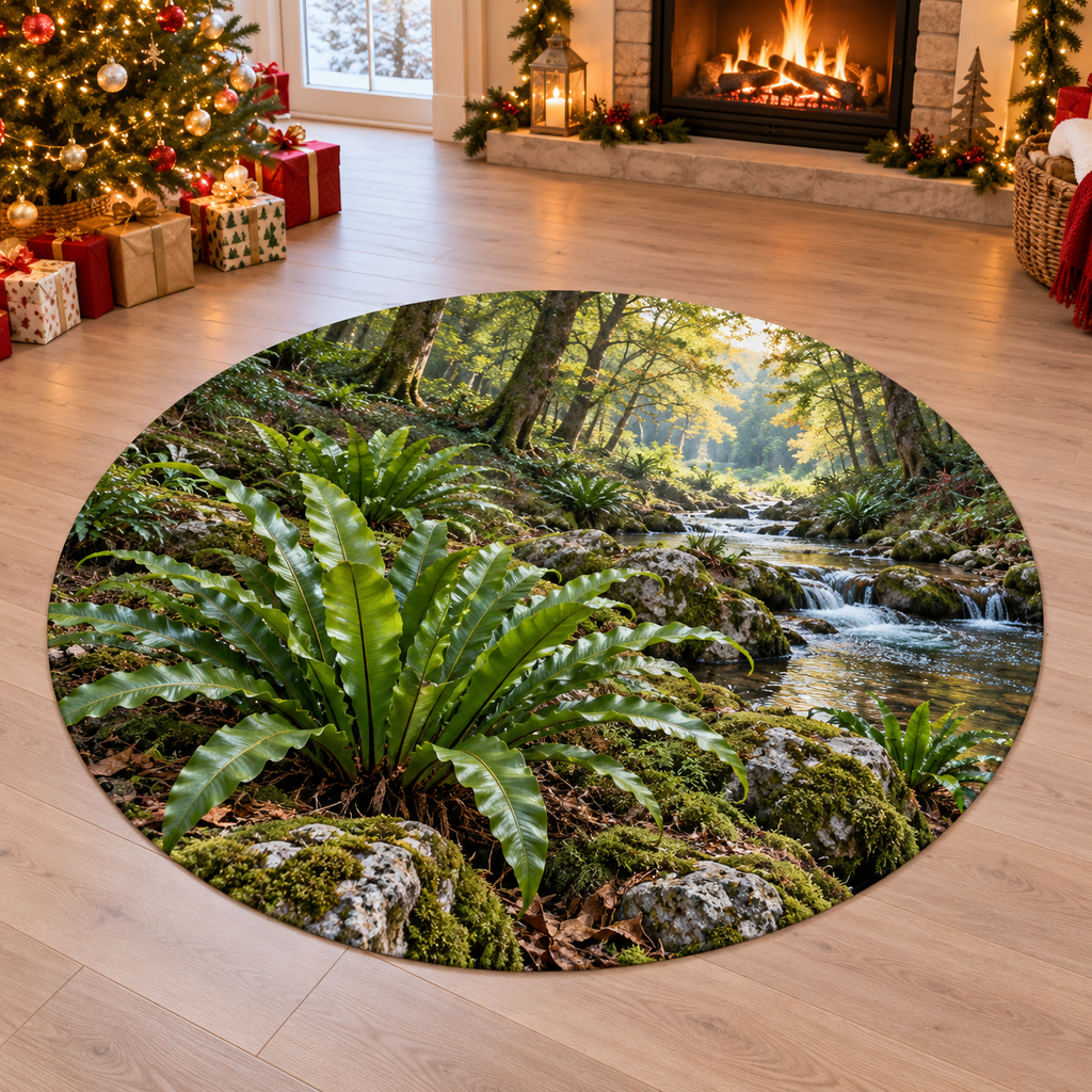 Harts Tongue Fern with deep layered fern woodland scenery printed on a complete flat rug