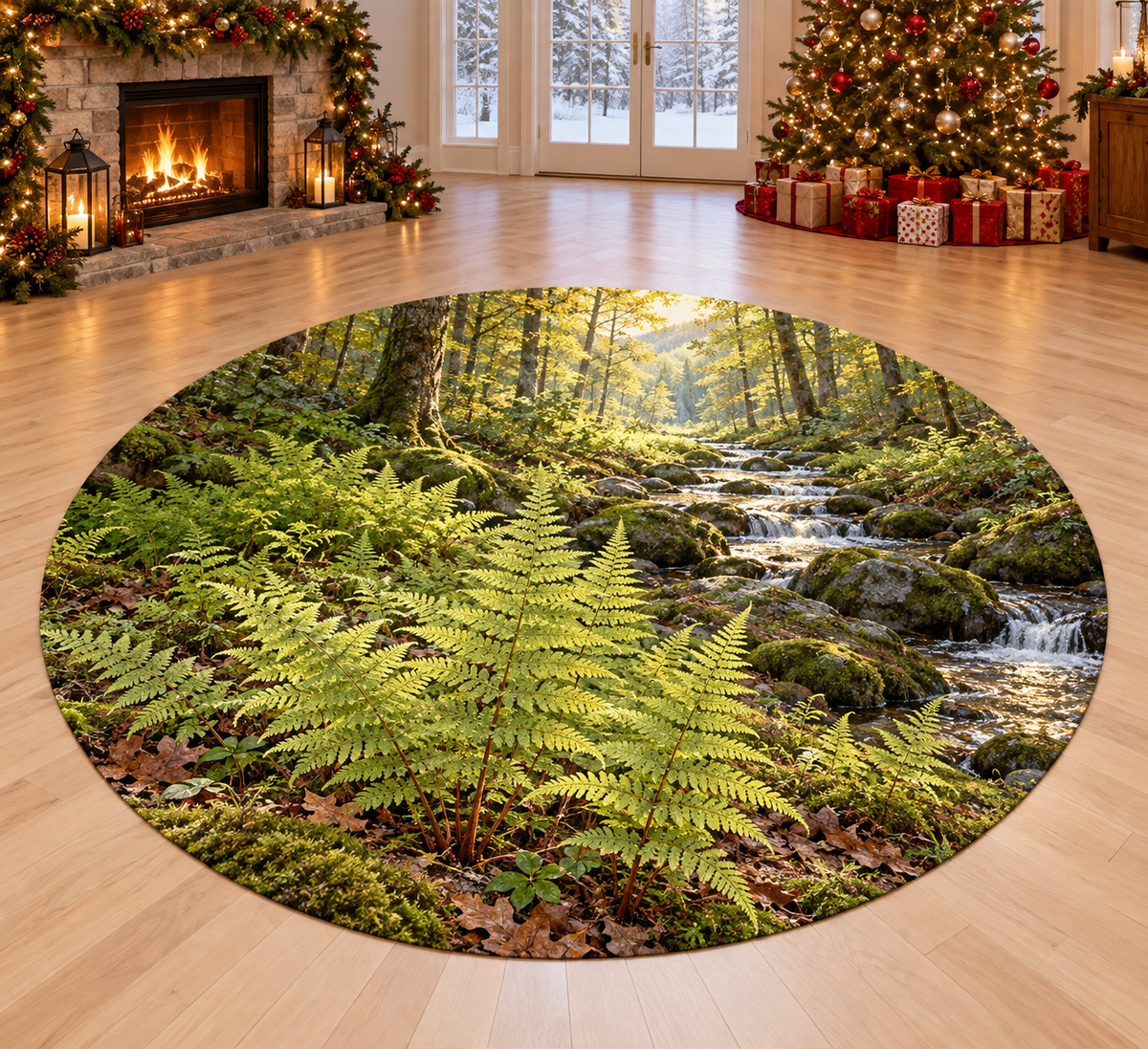 Hay Scented Fern with deep layered woodland scenery printed on a complete flat rug