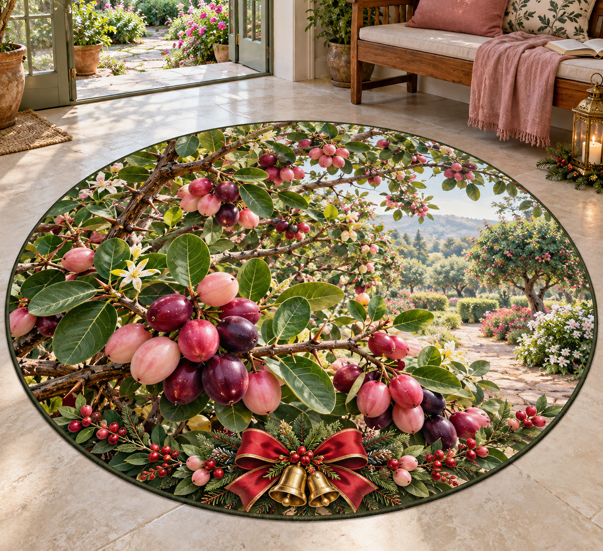 Christmas Karonda smooth pink-purple oval fruit and tropical orchard scenery and Christmas accents printed on a complete flat round rug