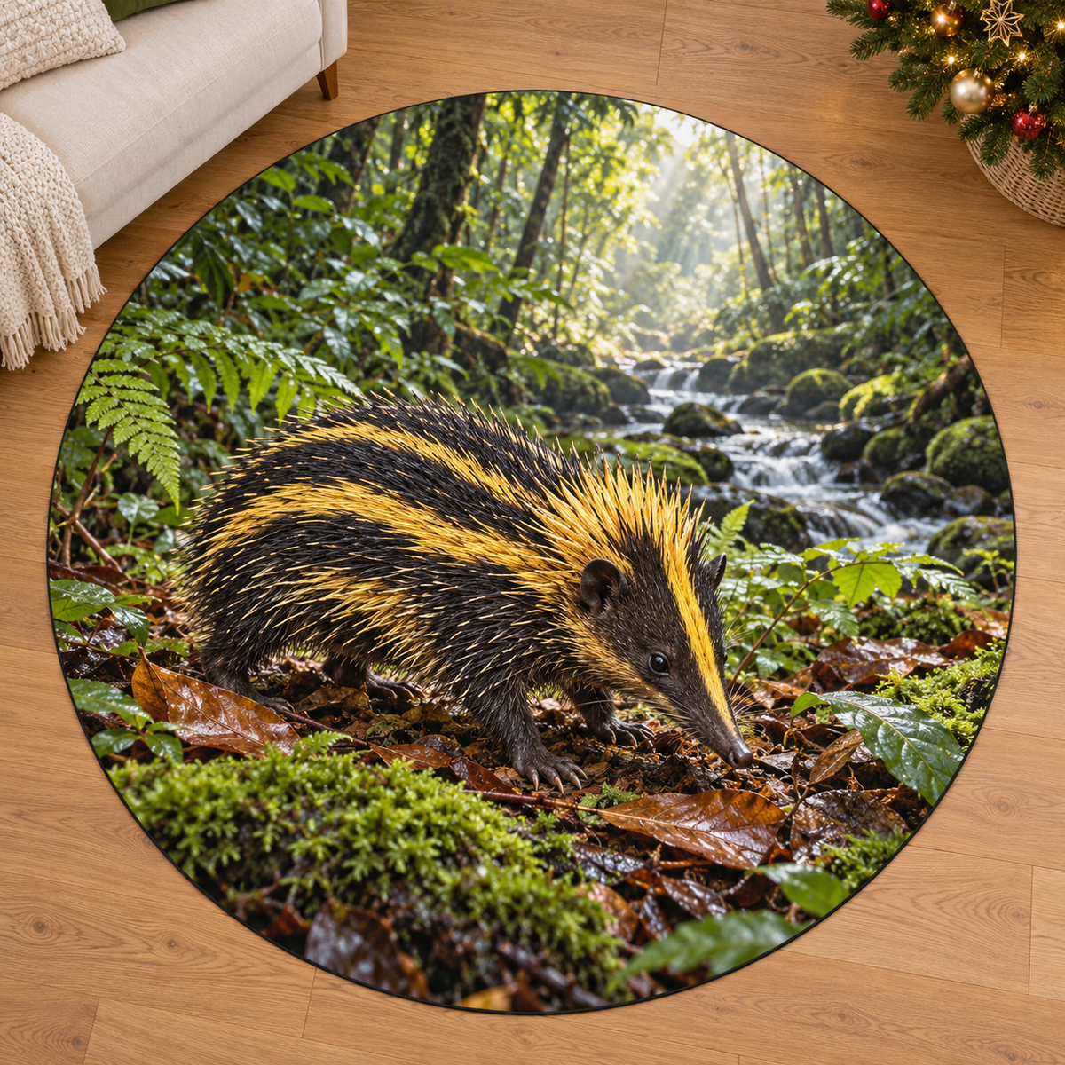 Lowland Streaked Tenrec with deep rainforest scenery printed on a complete flat rug