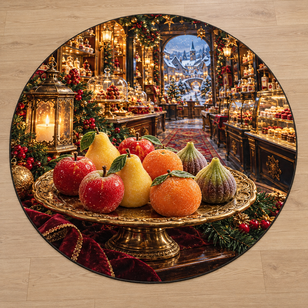 Marzipan Fruit Sweets with deep Christmas sweet shop scenery printed on a complete flat rug