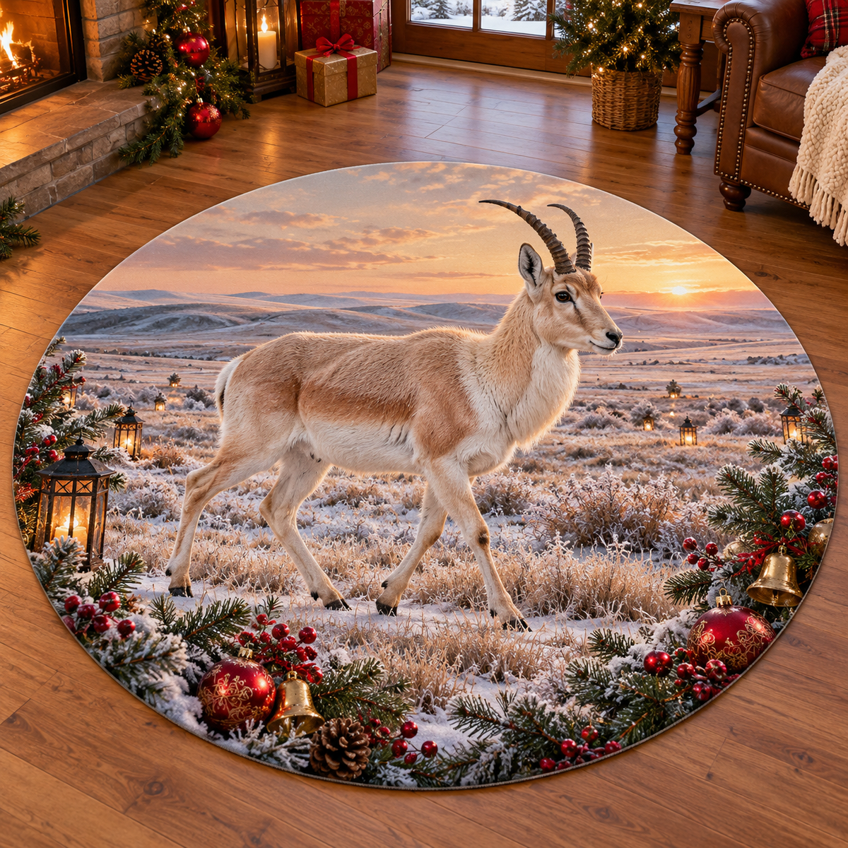 Christmas Mongolian gazelle with layered winter grass steppe scenery printed on a complete flat rug