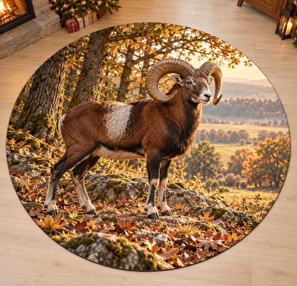European Mouflon with deep layered mossy woodland scenery printed on a complete flat rug