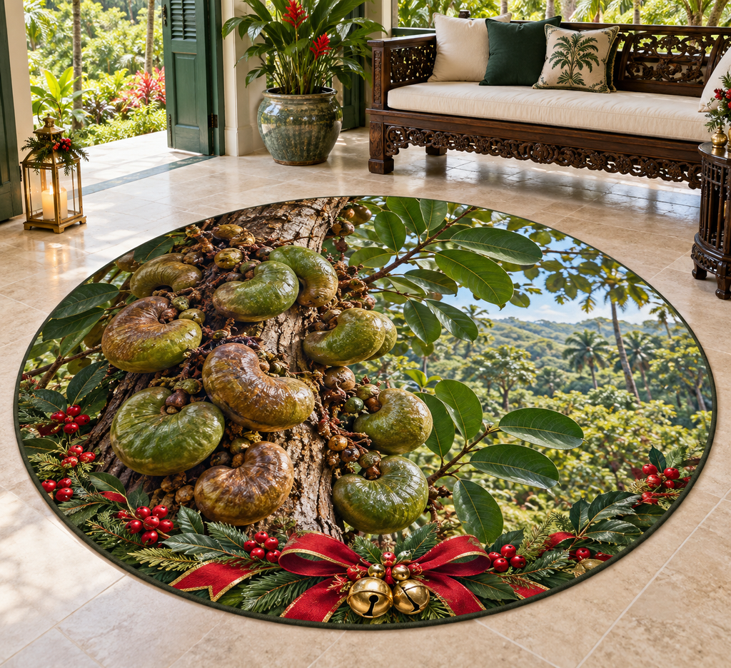 Christmas Nam Nam brown-green kidney-shaped trunk-borne pods and tropical orchard scenery and Christmas accents printed on a complete flat round rug