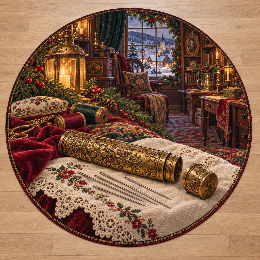 Antique Needle Case with deep Christmas sewing room scenery printed on a complete flat rug