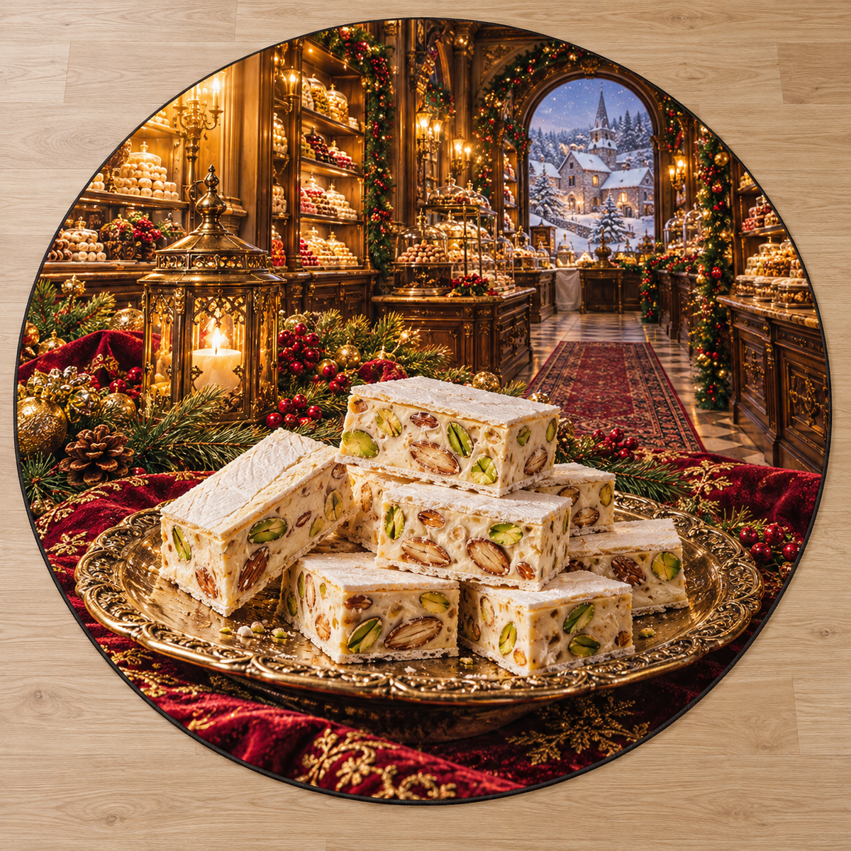 Nougat Confection with deep Christmas sweet shop scenery printed on a complete flat rug