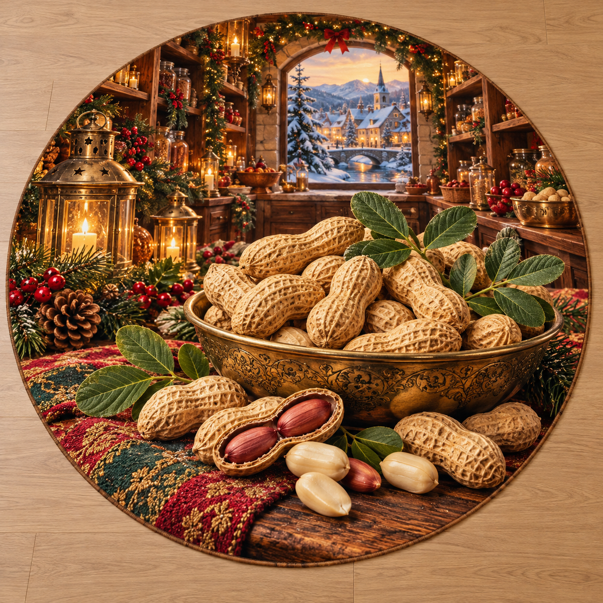 Peanuts and deep Christmas pantry scenery printed on a complete flat rug
