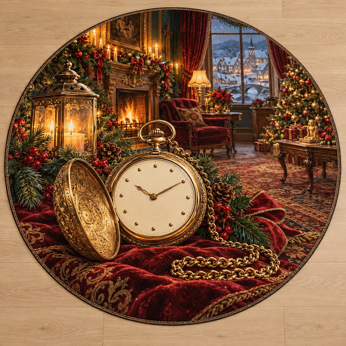 Antique Pocket Watch with deep Christmas parlor scenery printed on a complete flat rug