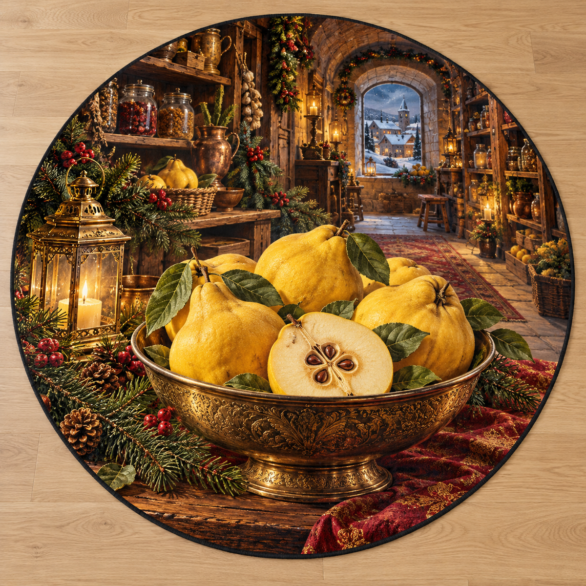 Quince Fruit and deep Christmas pantry scenery printed on a complete flat rug