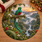 Resplendent Quetzal with deep cloud-forest scenery and Christmas accents printed on a complete flat rug