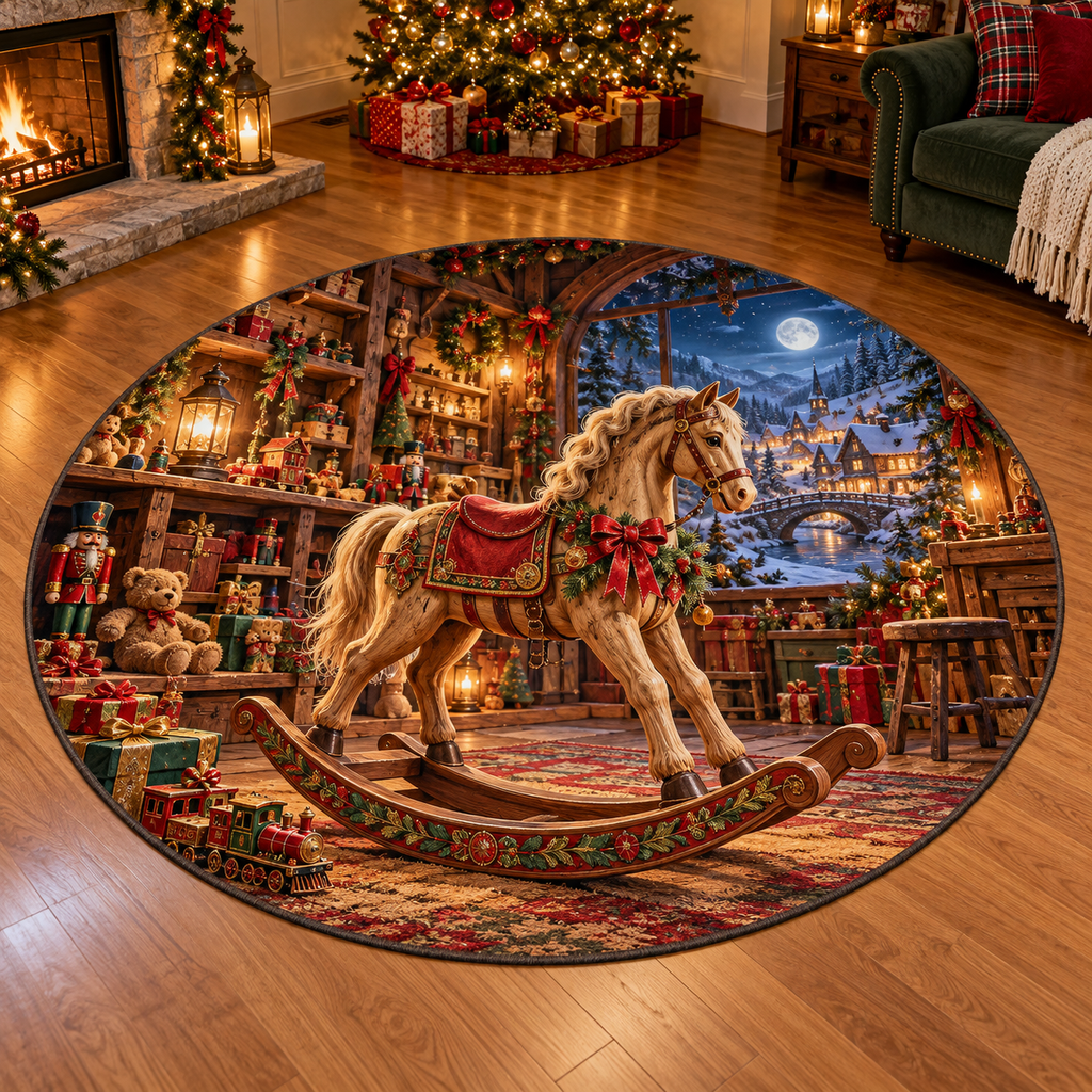 Christmas wooden rocking horse and deep snowy toy workshop printed on a complete flat circular rug