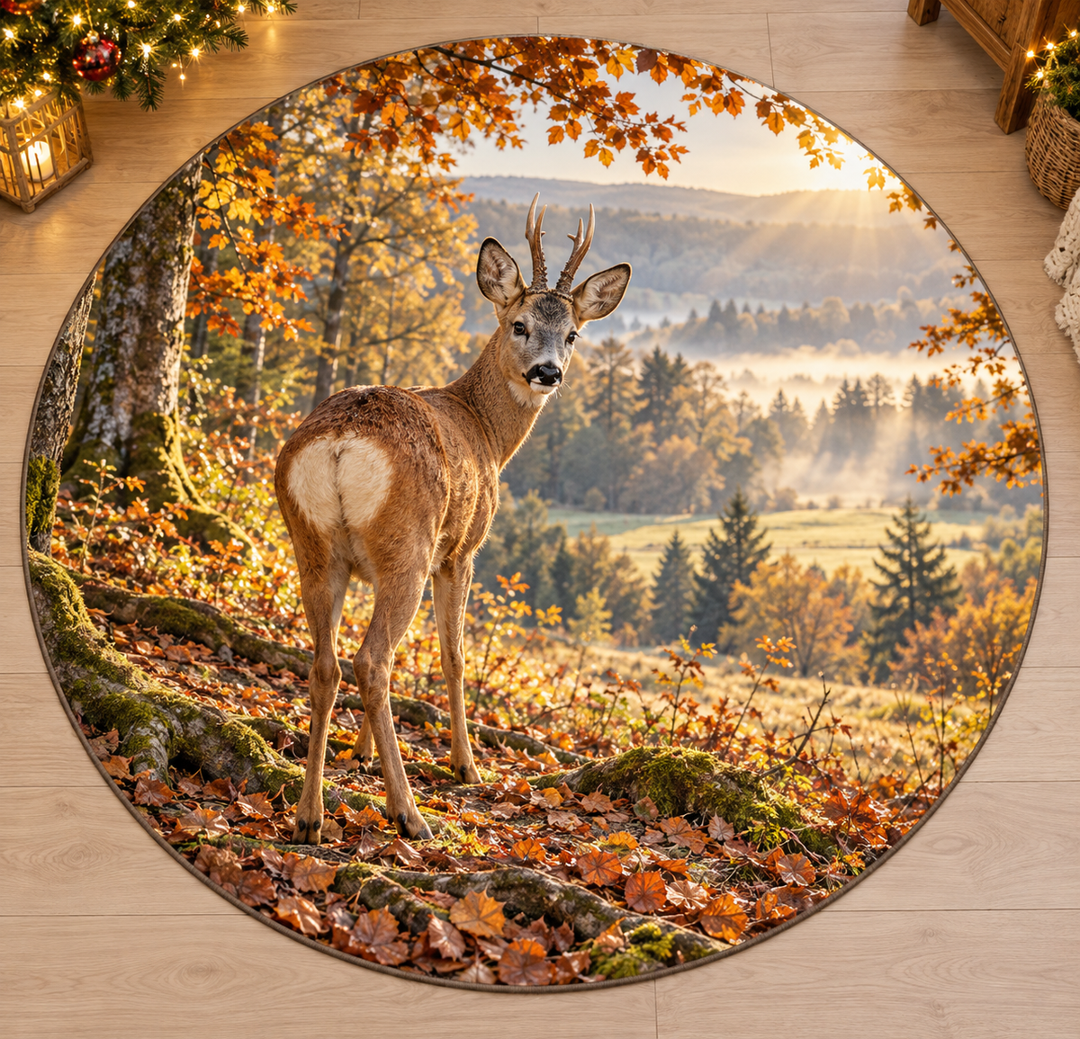 European Roe Deer with deep layered mossy woodland scenery printed on a complete flat rug