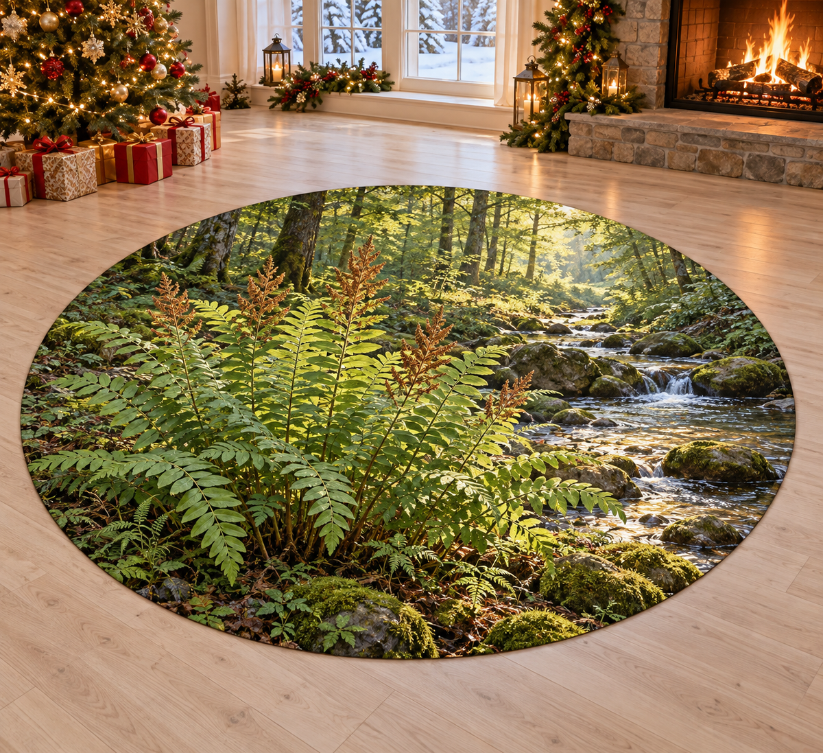 American Royal Fern with deep layered woodland scenery printed on a complete flat rug