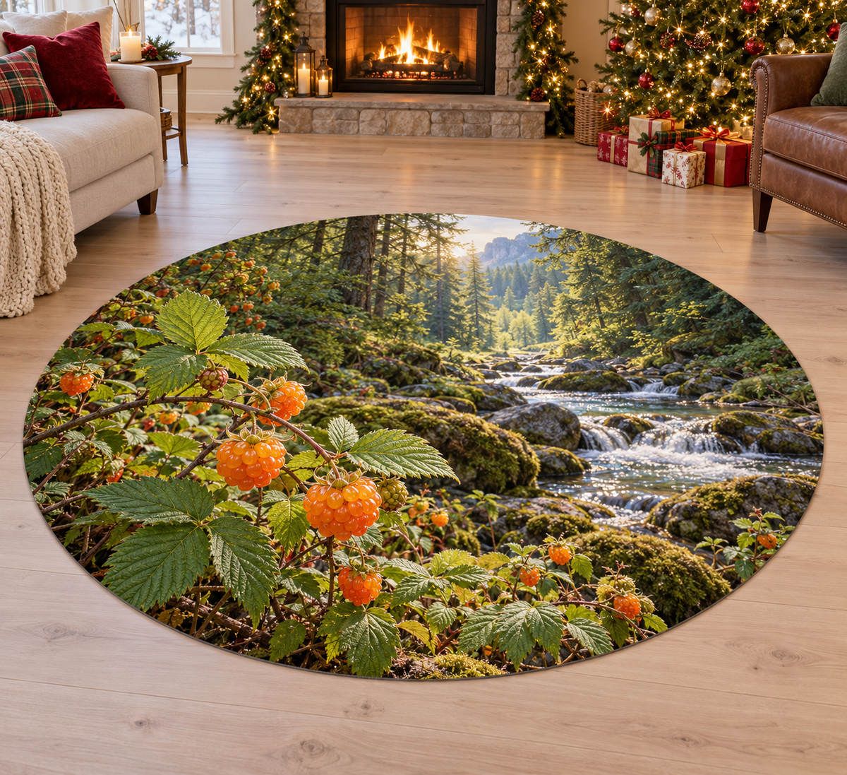 Salmonberry with deep layered salmonberry woodland scenery printed on a complete flat rug