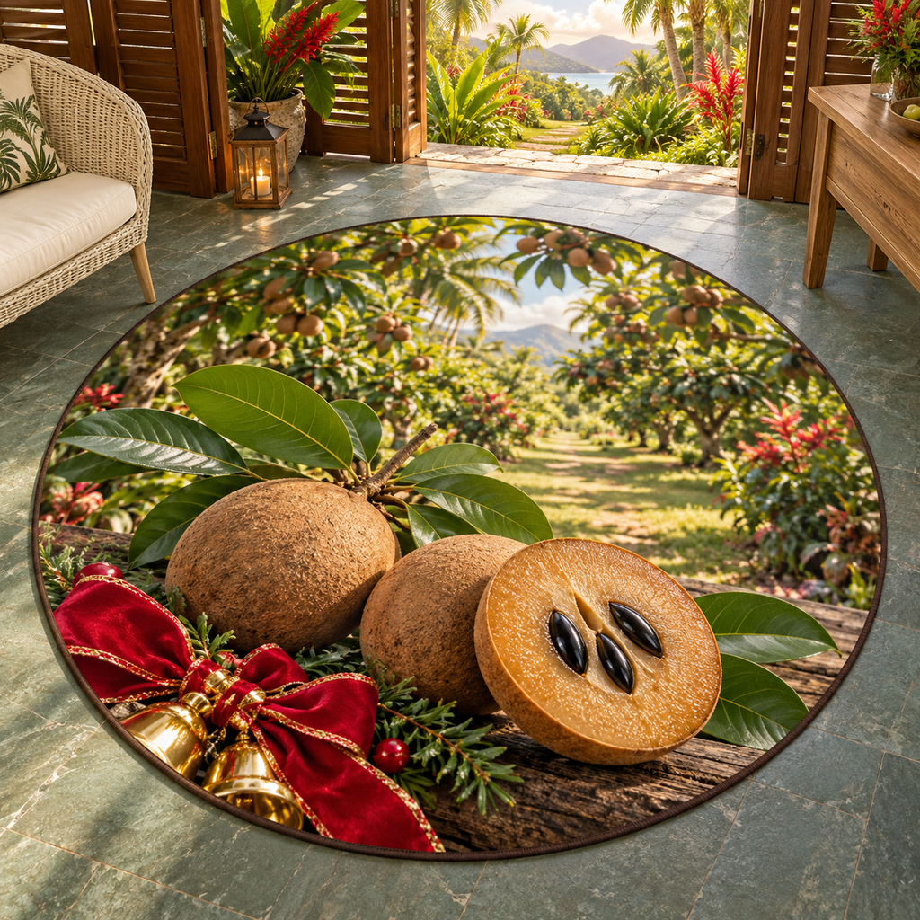 Christmas sapodilla with caramel flesh black seeds and deep orchard scenery printed on a flat round rug