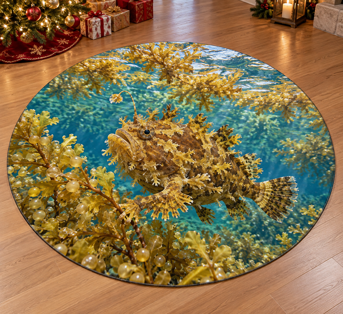 Sargassumfish with layered floating seaweed scenery printed on a complete flat rug