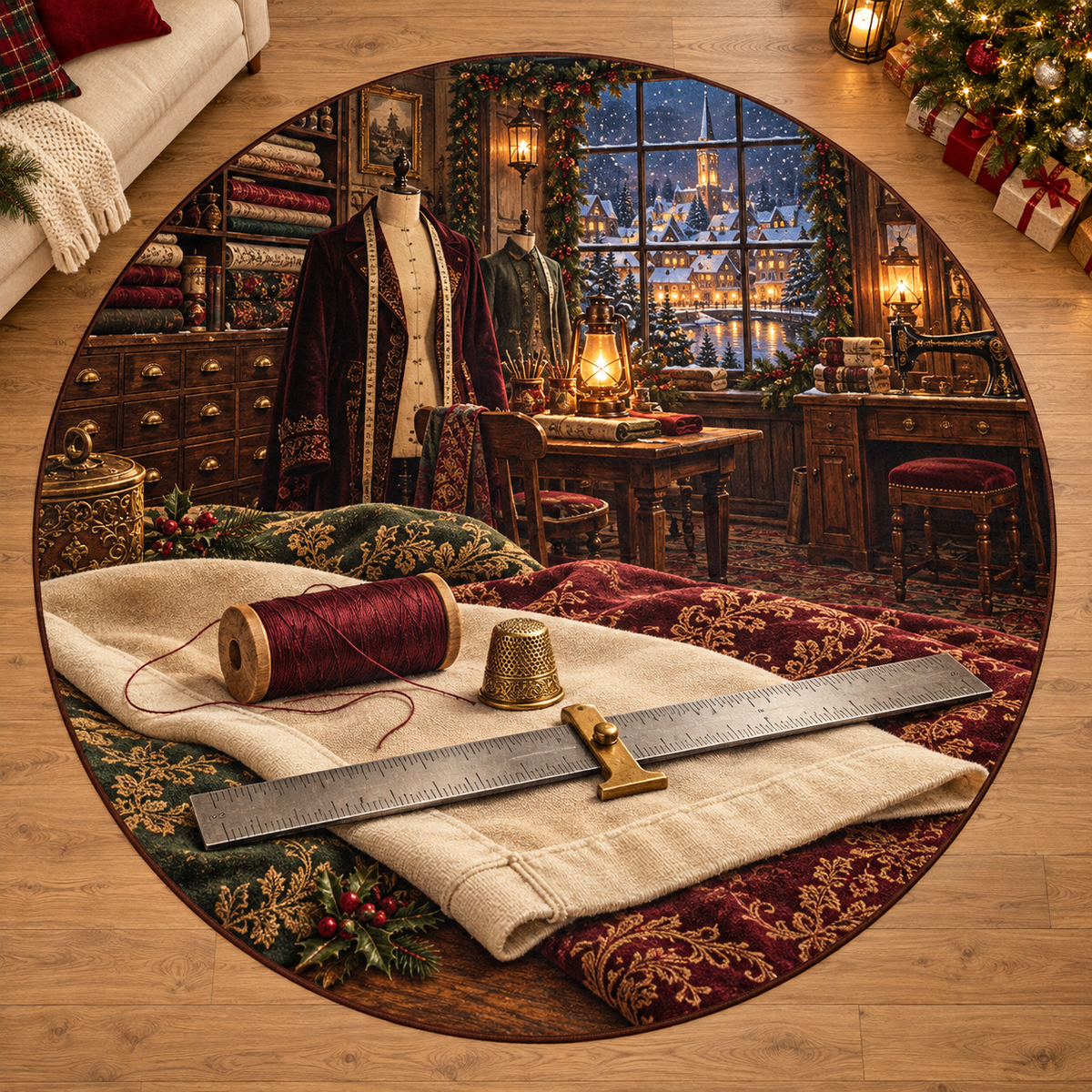 Antique Seam Gauge with deep Christmas tailoring workshop scenery printed on a complete flat rug
