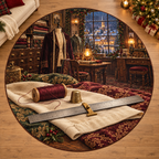 Antique Seam Gauge with deep Christmas tailoring workshop scenery printed on a complete flat rug