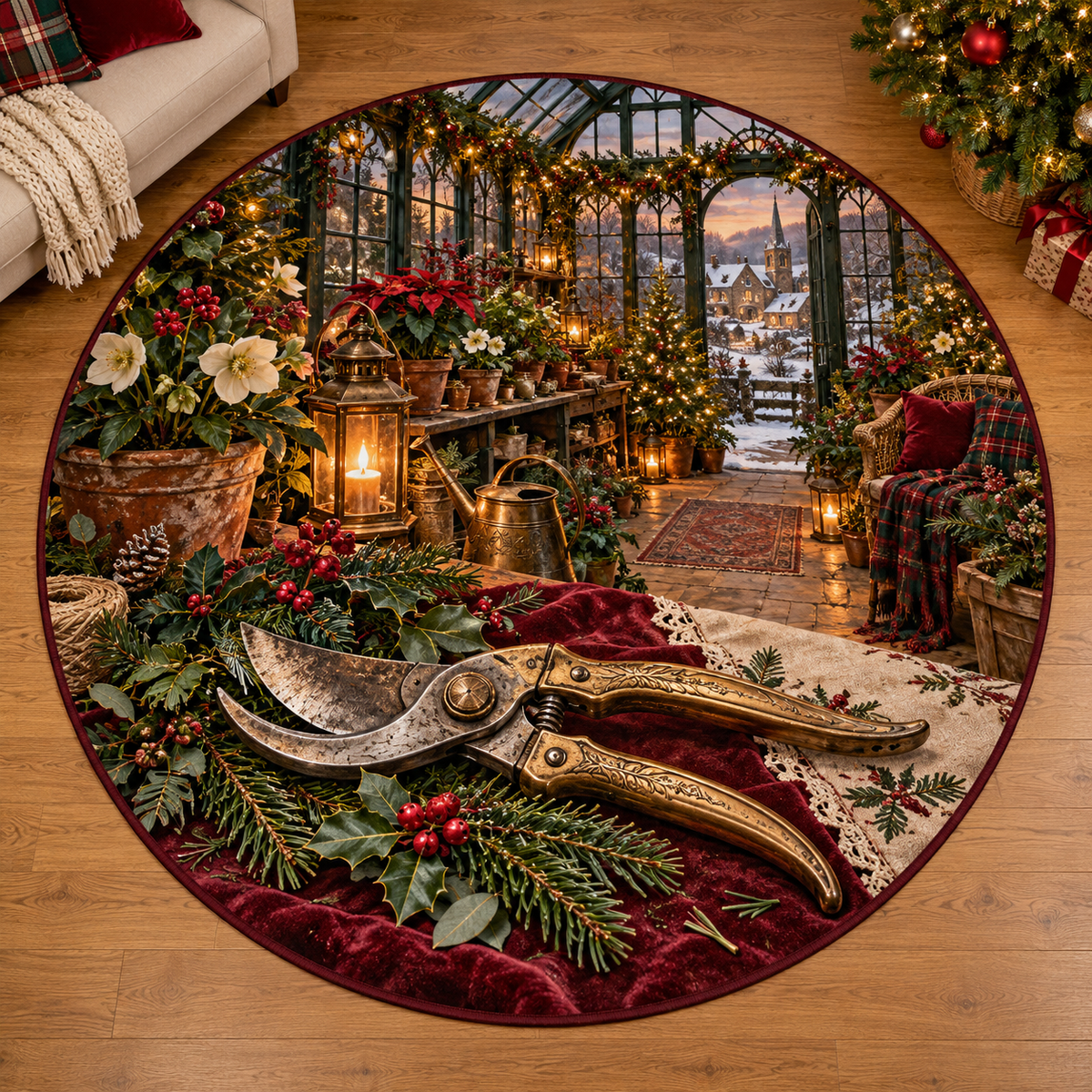 Antique Garden Secateurs with deep Christmas potting conservatory scenery printed on a complete flat rug