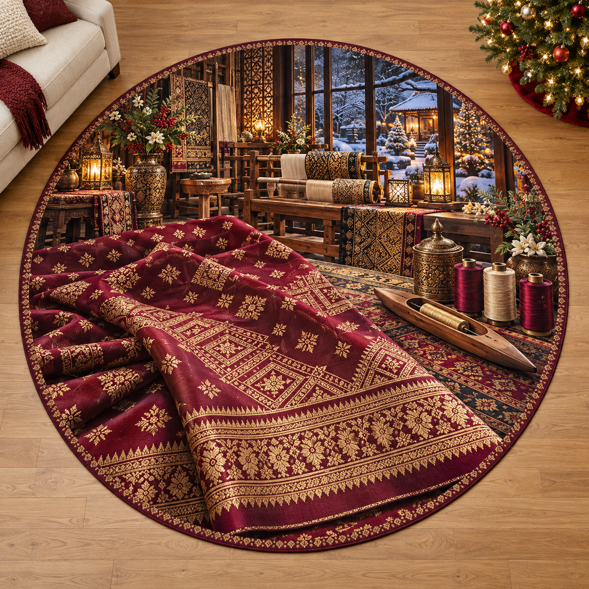 Malaysian Songket Weaving with deep Christmas textile weaving studio scenery printed on a complete flat rug