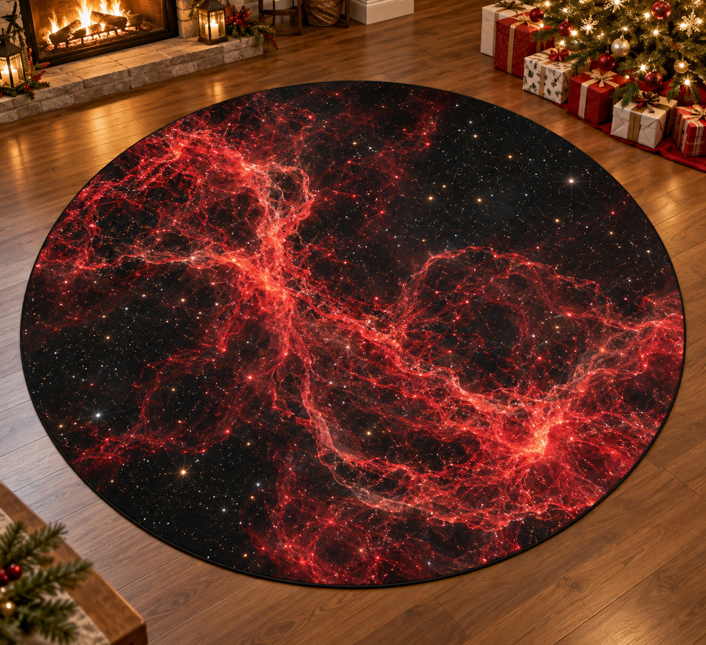 Spaghetti Nebula filaments with layered star field scenery printed on a complete flat rug
