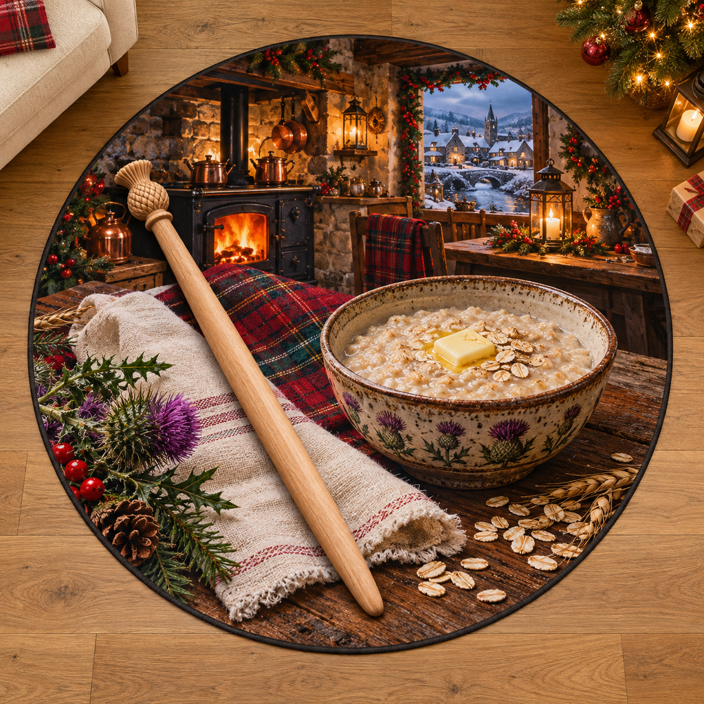 Traditional Scottish Spurtle with deep Christmas baking kitchen scenery printed on a complete flat rug