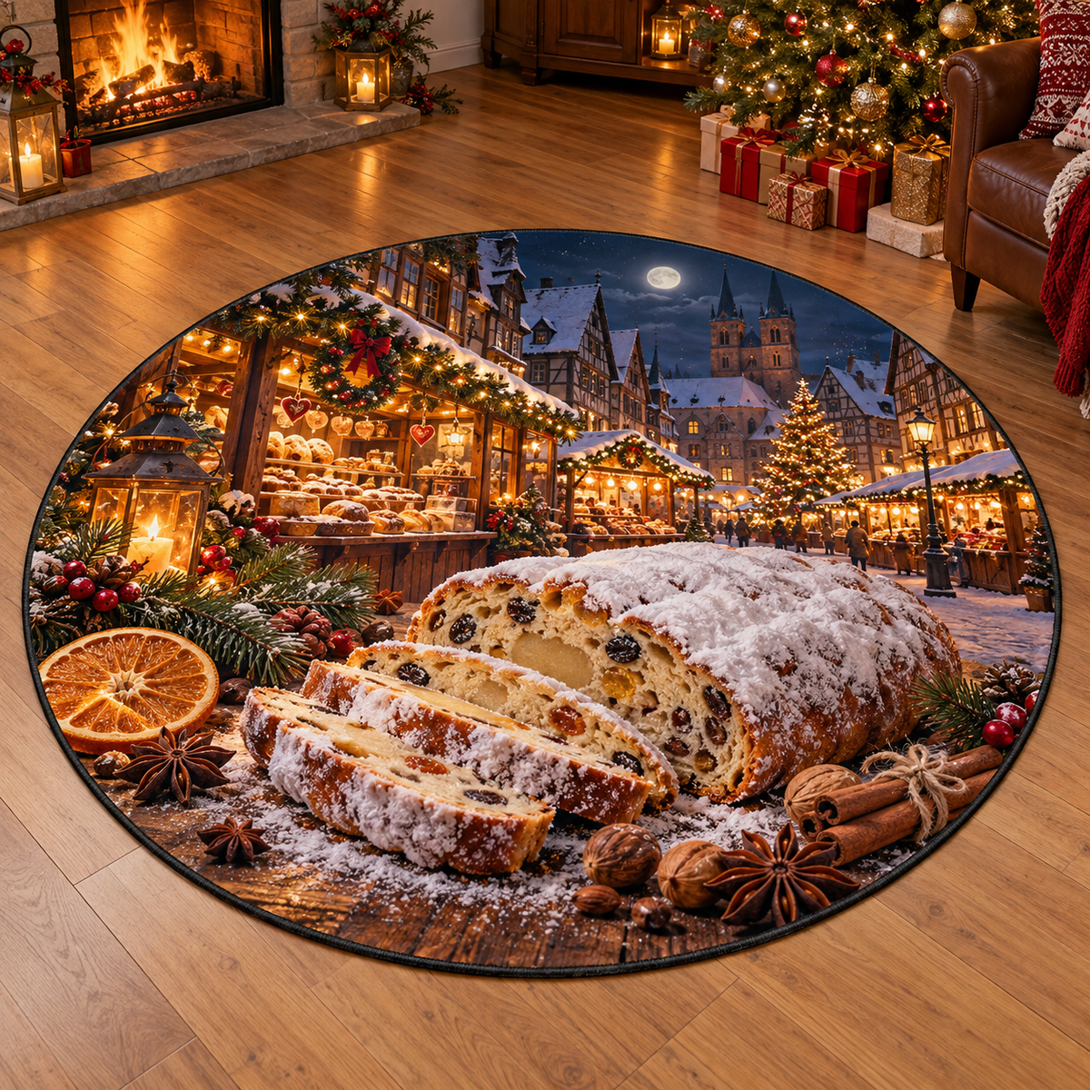 Christmas stollen and deep snowy German bakery scene printed on a complete flat circular rug