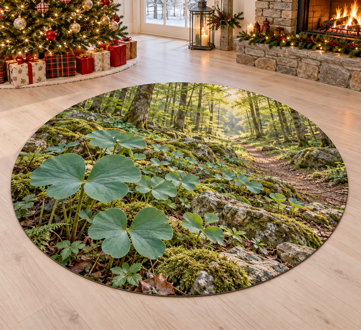 Twinleaf with deep layered twinleaf woodland scenery printed on a complete flat rug