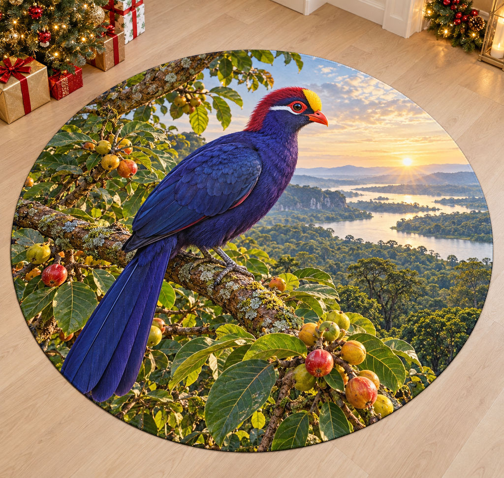 Violet turaco with layered woodland canopy scenery printed on a complete flat rug