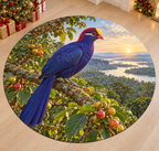 Violet turaco with layered woodland canopy scenery printed on a complete flat rug