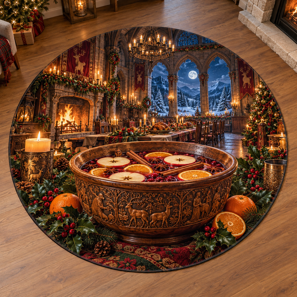 Carved Christmas wassail bowl and deep festive banquet hall printed on a complete flat circular rug