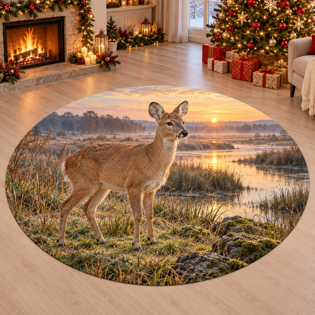 Water Deer with deep layered wetland scenery printed on a complete flat rug