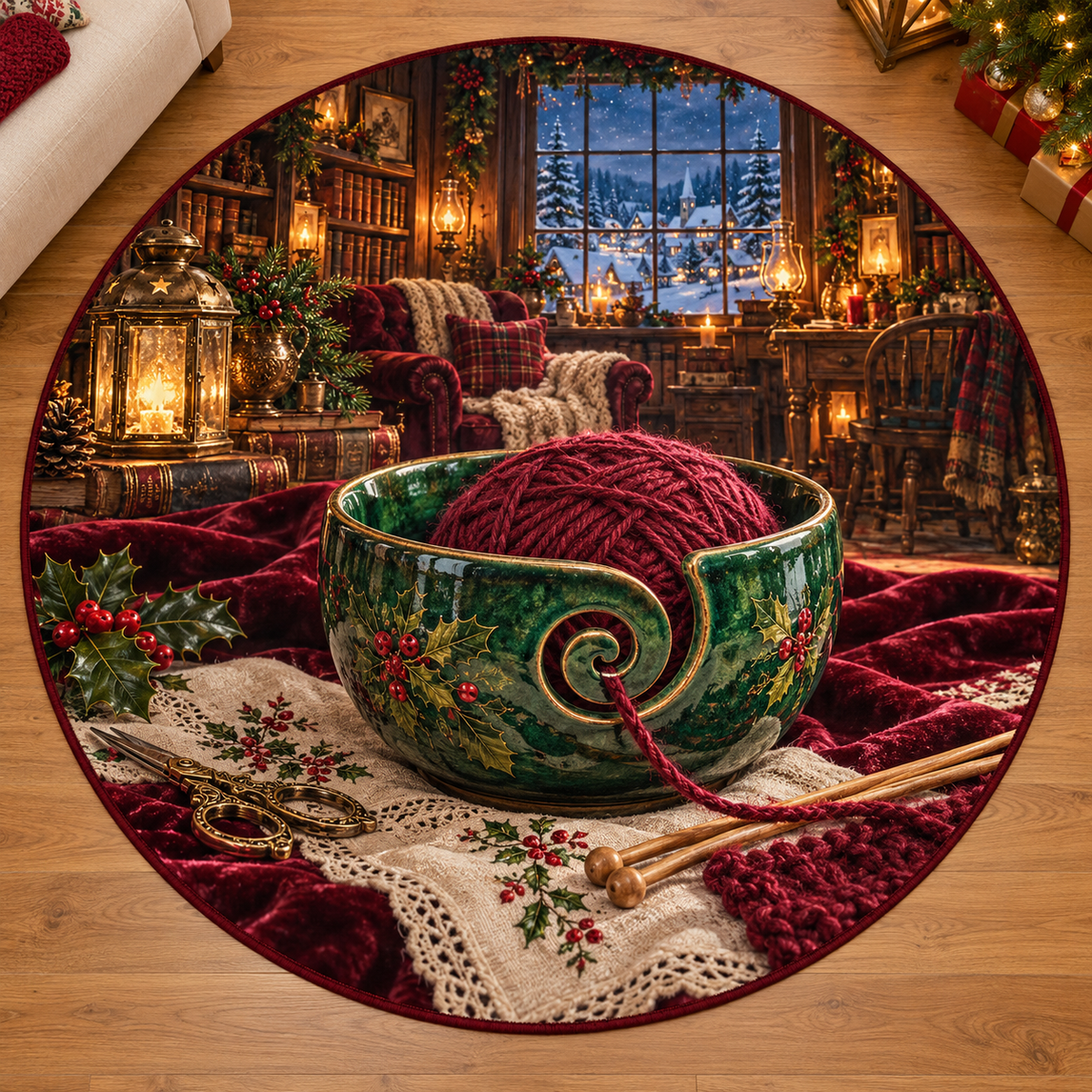 Holly Ceramic Yarn Bowl with deep Christmas knitting room scenery printed on a complete flat rug