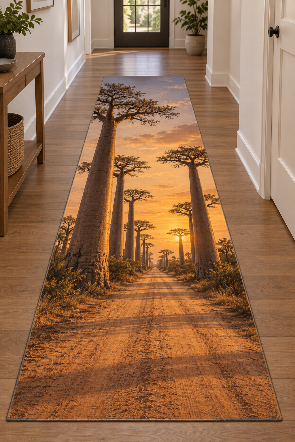 Tall baobab trees lining a receding dirt road at sunset printed on a flat rectangular runner rug