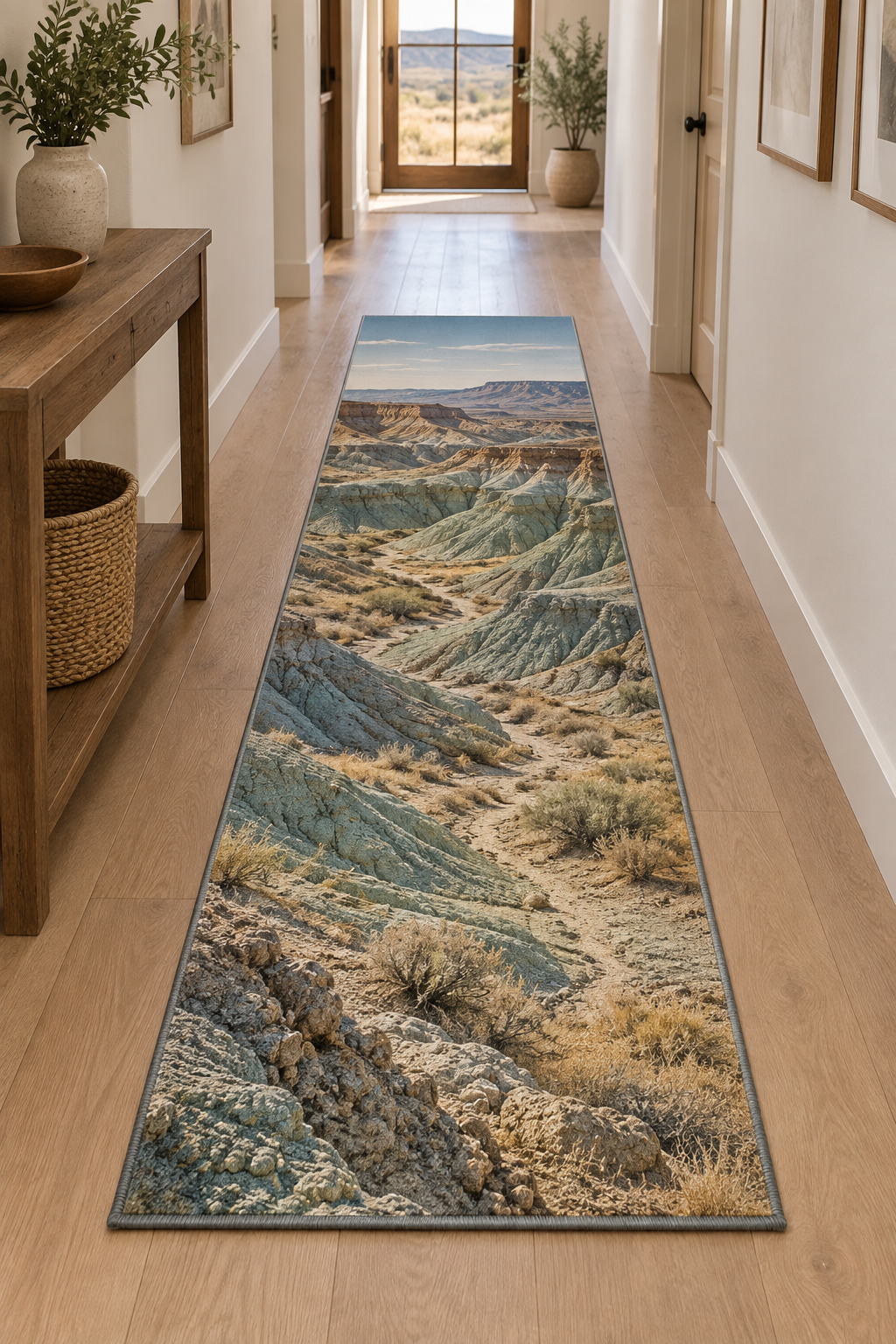 Blue-green eroded slopes and a dry wash receding toward mesas printed on a flat runner rug
