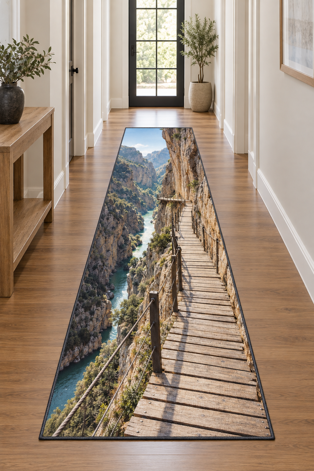 Narrow cliffside walkway following steep limestone gorge walls above a river printed on a complete flat runner rug