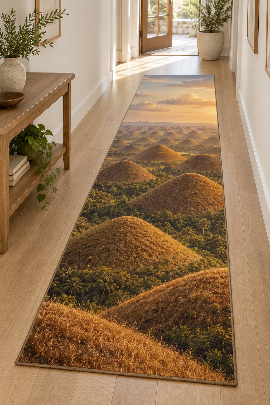 Rounded brown hills receding toward the horizon printed on a flat runner rug