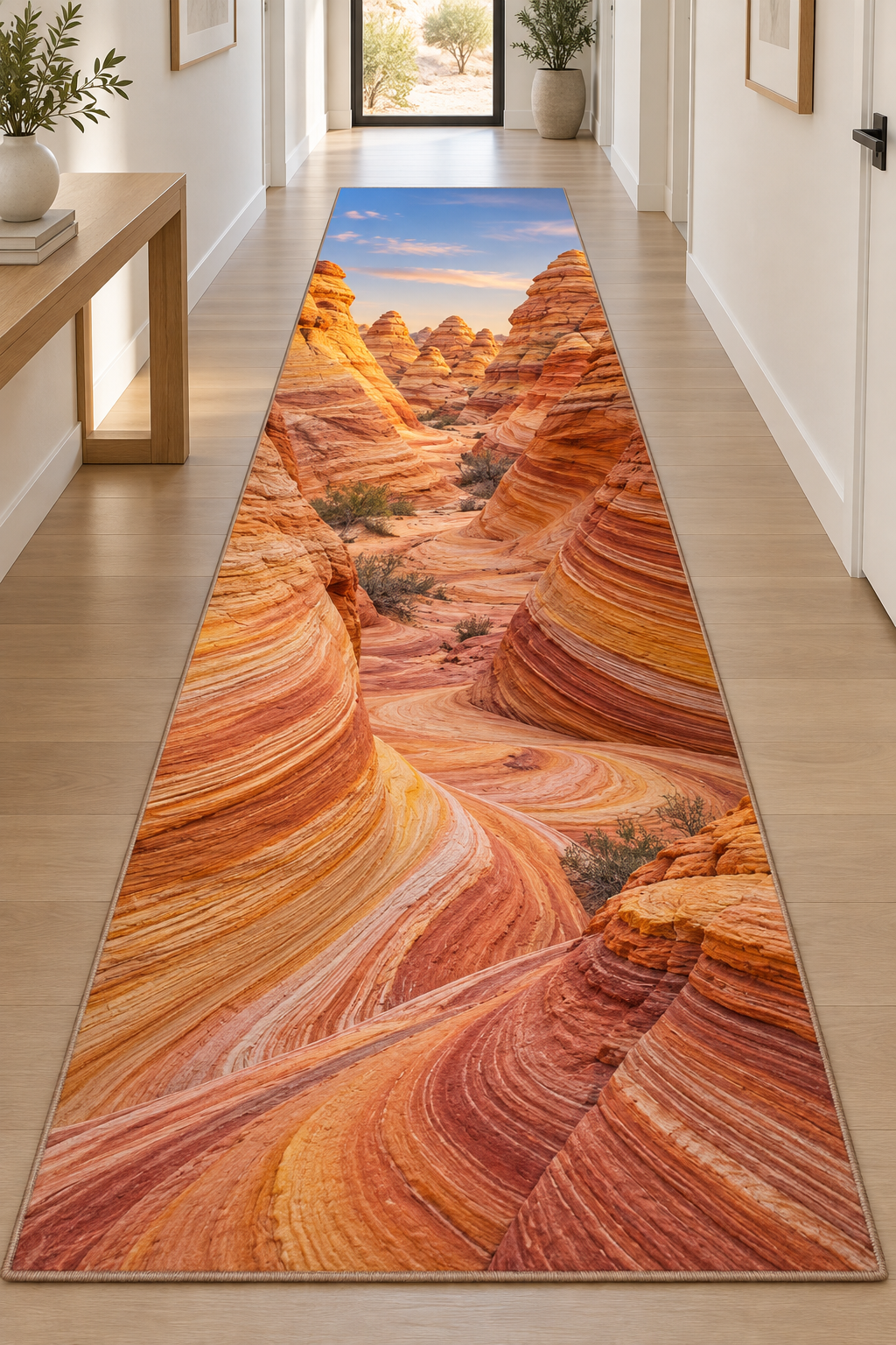 Striped sandstone domes and swirling layers along a sandy passage printed on a complete rectangular runner rug