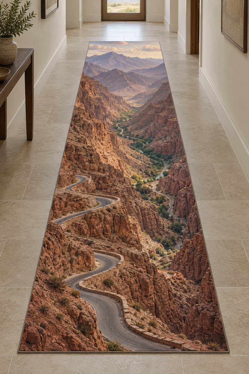Winding road through russet canyon walls above a river valley printed on a complete flat rectangular runner rug