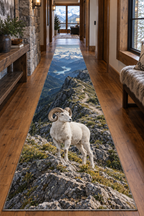White Dall ram with curling horns on an alpine trail printed on a complete flat rectangular runner rug