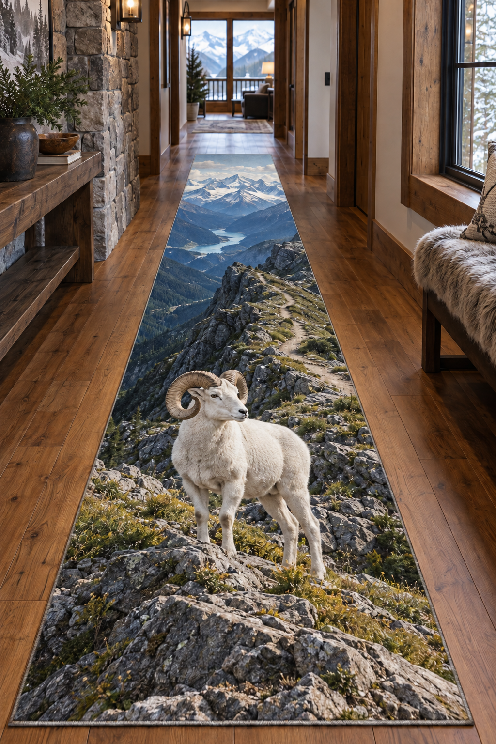 White Dall ram with curling horns on an alpine trail printed on a complete flat rectangular runner rug