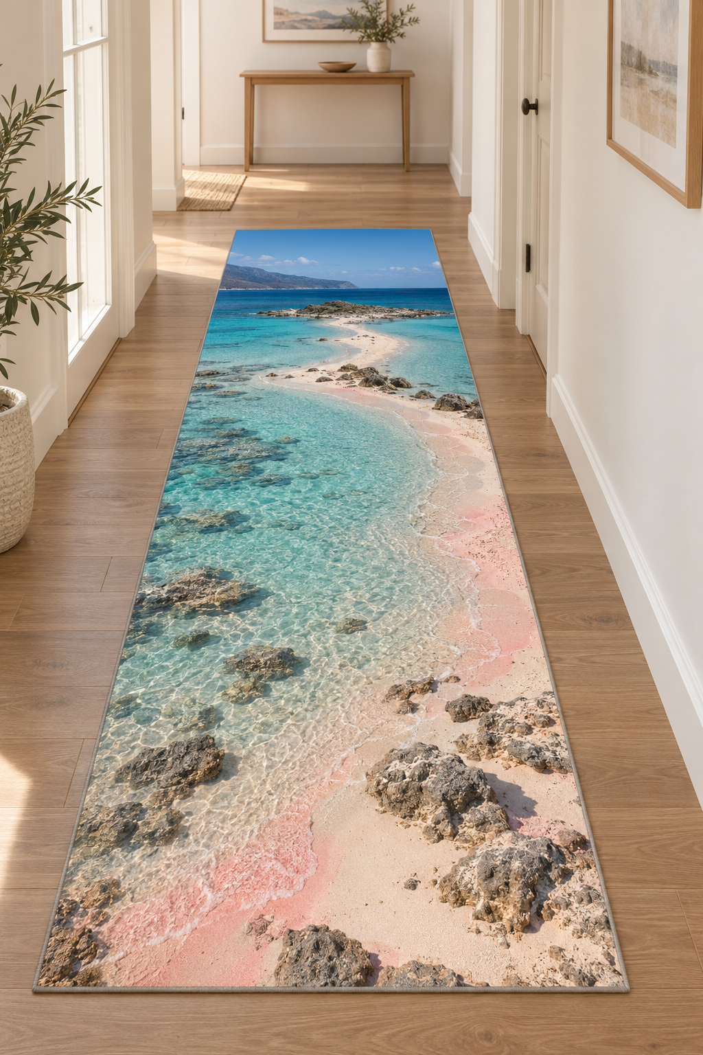 Winding sandbar in clear turquoise coastal lagoon printed on a complete flat rectangular runner rug