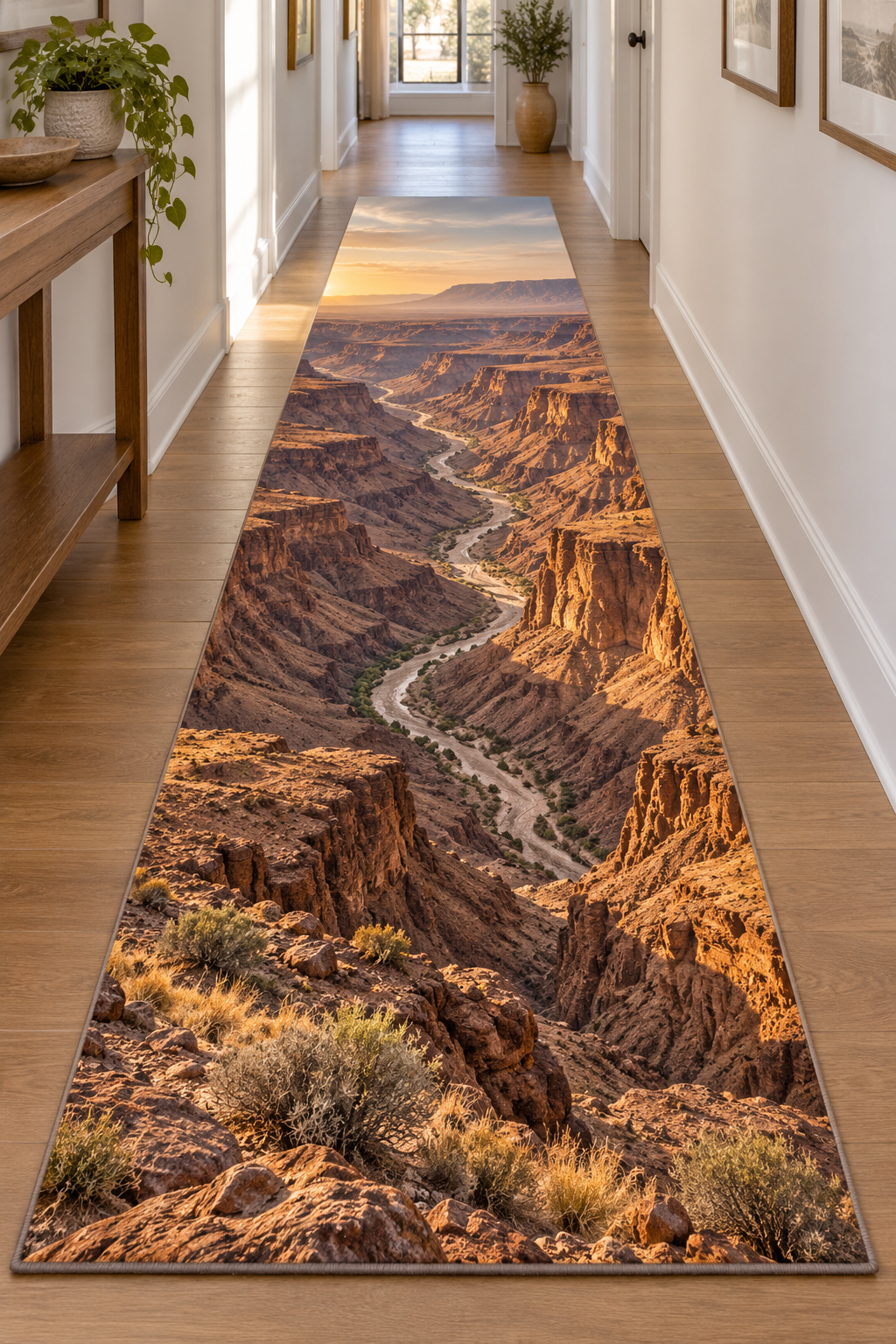 Winding river between layered arid canyon walls printed on a complete flat rectangular runner rug