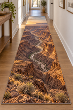 Winding river between layered arid canyon walls printed on a complete flat rectangular runner rug
