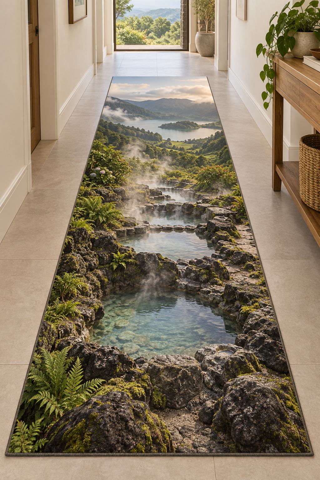 Steaming rock pools, green slopes and caldera lake printed on a complete flat rectangular runner rug