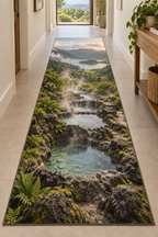 Steaming rock pools, green slopes and caldera lake printed on a complete flat rectangular runner rug