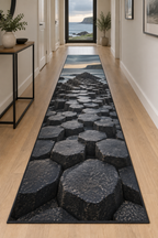 Polygonal basalt columns receding toward the sea in a Giants Causeway-inspired scene printed on a flat runner rug