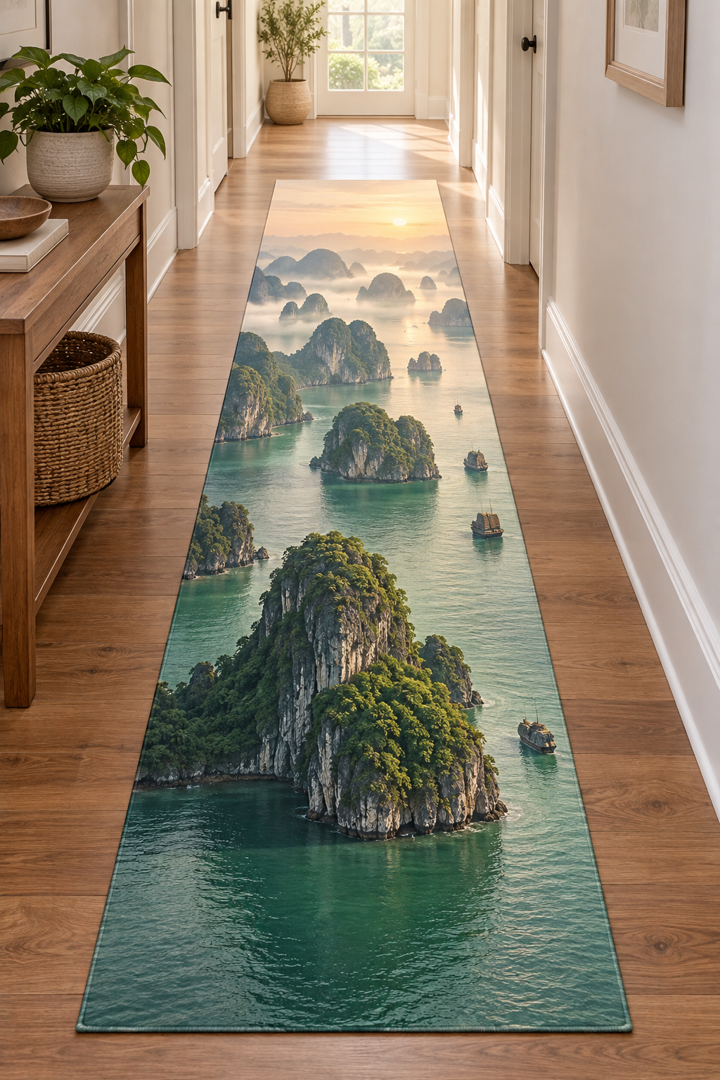 Vegetated limestone islands and sailing boats across green bay water printed on a flat rectangular runner rug